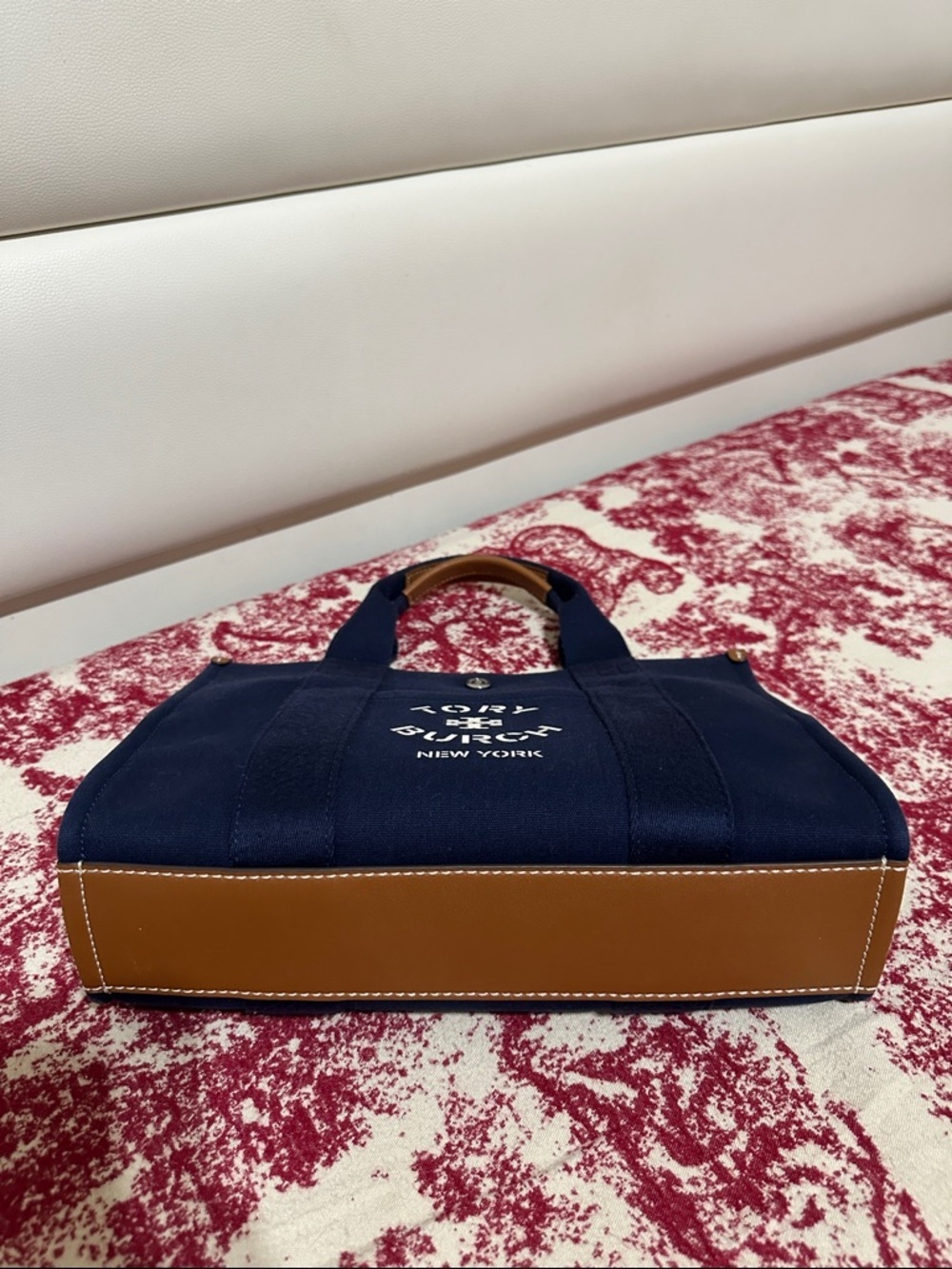 Tory Burch Navy Canvas 2-Way Bag with Tan Leather Trim - Picture 8 of 16